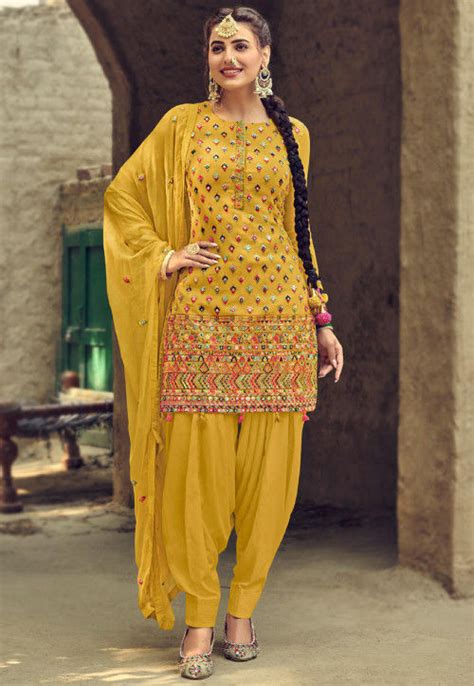 Buy Embroidered Georgette Punjabi Suit In Mustard Online Kch6196 Utsav Fashion