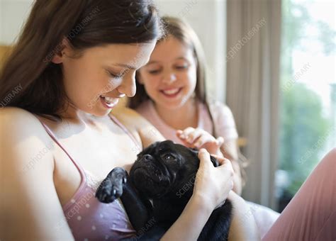 Mother And Daughter Petting Dog In Bed Stock Image F0137487
