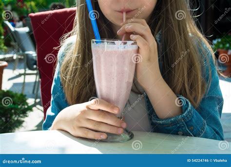 Pretty Happy Girl Drinking Strawberry Smoothie Stock Photo Image Of