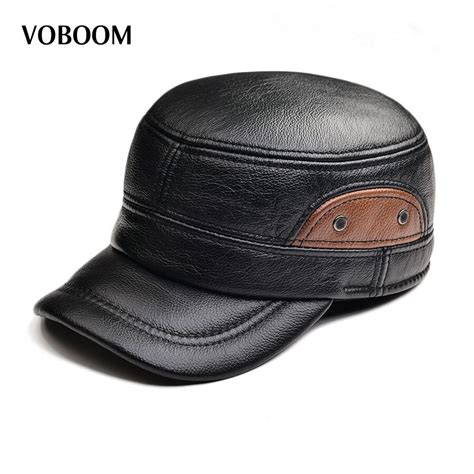 Voboom Men Sheepskin Hat Cadet Cap Hat For Men Daddy Genuine Leather