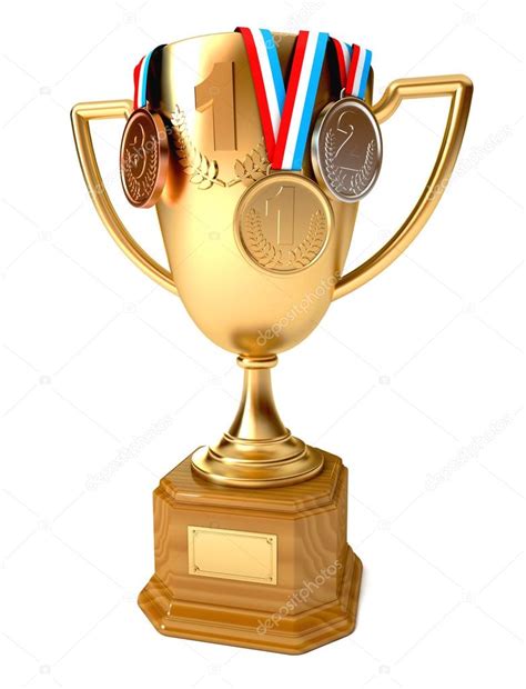 Gold Cup Of The Winner With Gold Silver And Bronze Medals Stock Photo