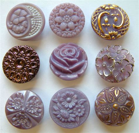 9 Stunning Vintage Purple Glass Buttons Rose And Other Floral Designs