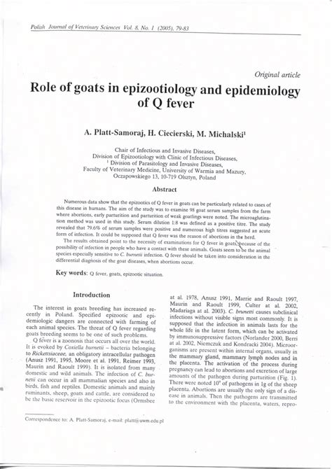 Pdf Role Of Goats In Epizootiology And Epidemiology Of Q Fever