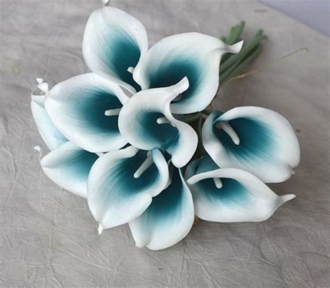 10 Picasso Teal Blue Calla Lilies Real Touch Flowers For Silk Wedding