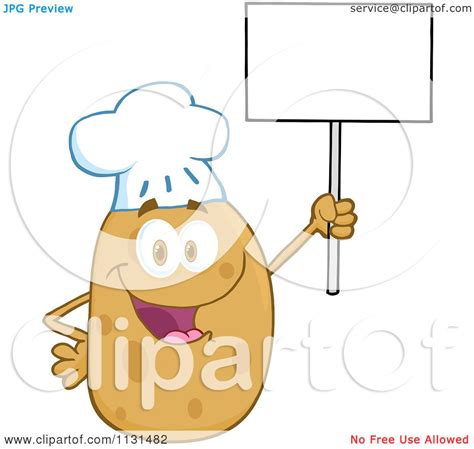 Cartoon Of A Happy Chef Potato Mascot Holding A Sign Royalty Free
