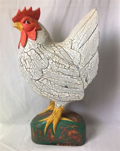 Vintage Rooster Statue Figurine Carved Wood Painted Chicken Folk Art 19