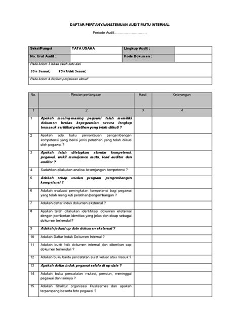 Daf Pertanyaan Audit Internal 2016ptpp Pdf