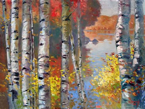 Birch Trees By The Lake Painting By Ylli Haruni Pixels