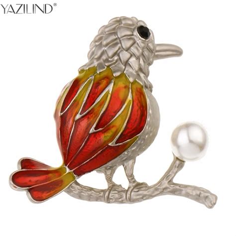 Blucome Enamel Golden Powder Birds Brooches Colorful Imitation Pearls