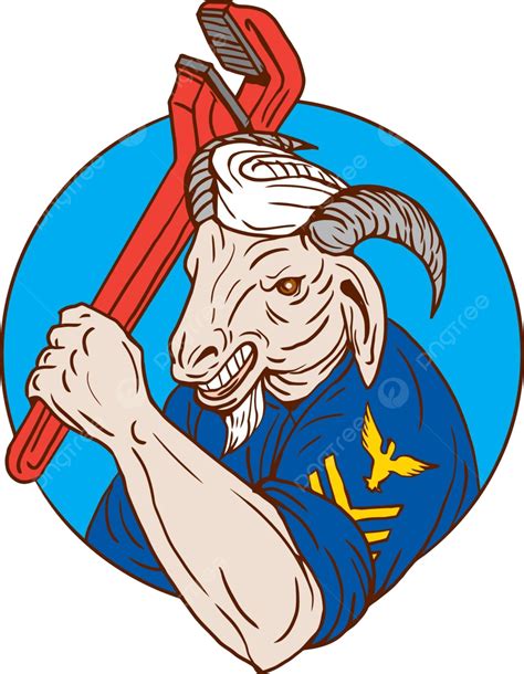 Navy Goat Holding Pipe Wrench Circle Retro Ensign Artwork Sailor Vector