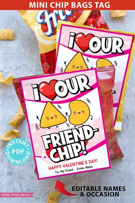 Valentine Chip Bag Tag Printable Pink Kids Valentines Cards For School