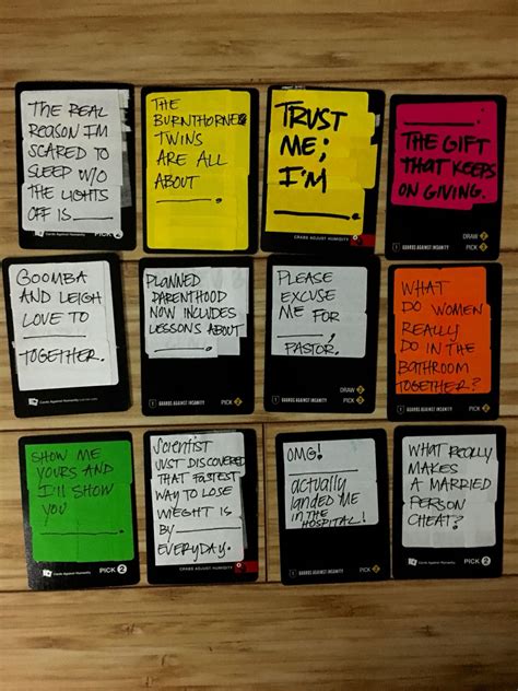 Add your own confusing, alienating inside jokes to a game we've carefully written to have a consistent voice and grammatical structure. DIY your own cards against humanity or awesome and ...