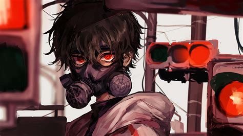 Download Gas Mask Boy Anime Red Eyes Wallpaper