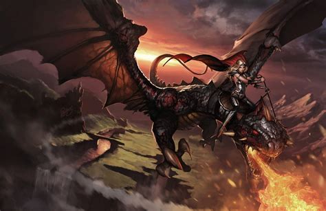 Art Dragon Girl In The Sky Fire Cape Riding Rider Canyon