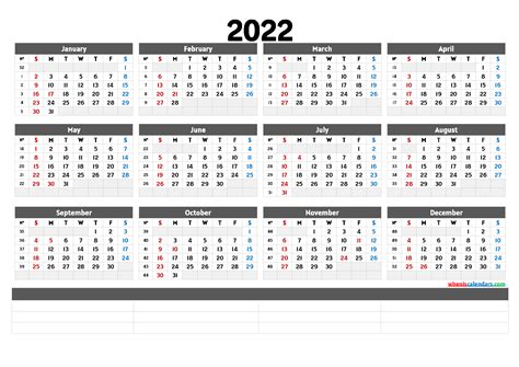 Printable 2022 Yearly Calendar 6 Templates 2022 Calendar With Week