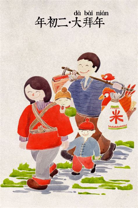 大年初一 first day of the lunar year. 小菜年画︱年初二 大拜年 又要去做客啦