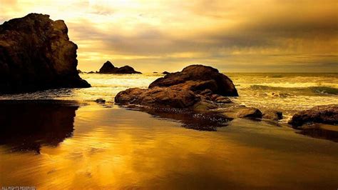 Golden Beach Rocks Refection Ocean Sunset Waves Clouds Sky Sea