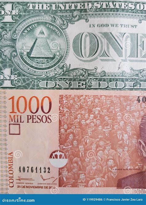 Colombian Banknote of 1000 Pesos and American Dollar Banknote