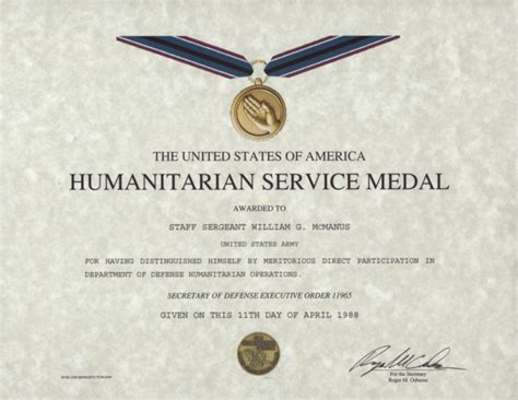 Humanitarian Service Medal Certificate Replacement Award Certificate