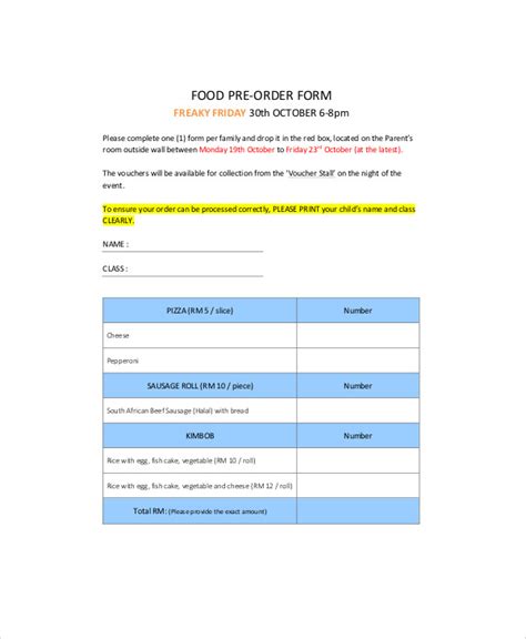 Food Pre Order Form Template Free Printable Templates