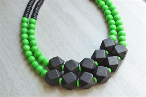 Green Black Statement Necklace Wood Beaded Necklace Multi Etsy Wood