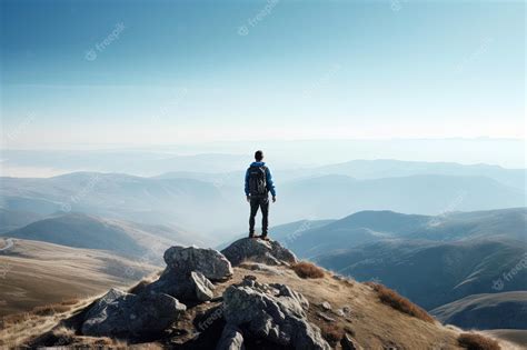 Premium Photo A Man Stands On A Mountain Top And Looks Out At The