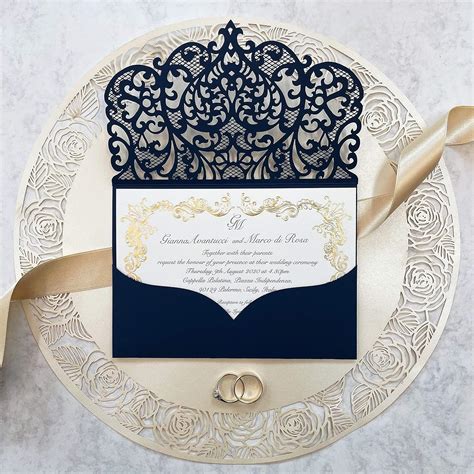 Elegant Invitation Cards Laser Cut Navy Blue Pocket Wedding Invitations