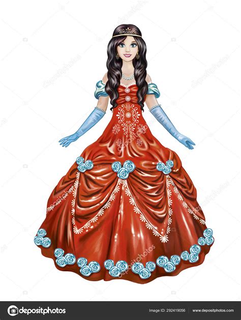 Illustration Beautiful Princess Red Dress Girl Ball Dress Isolated