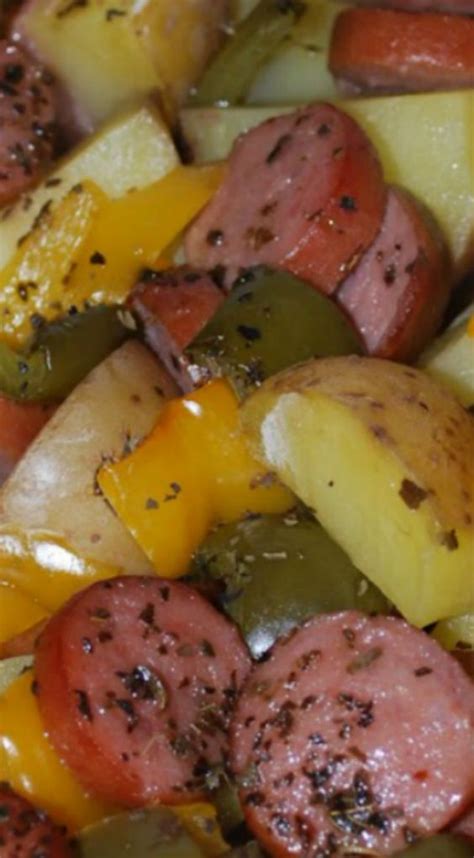 Remove potatoes from foil and cut an x on top of each one. polish sausage and potatoes casserole