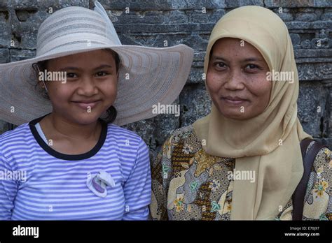 borobudur java indonesia two indonesian muslim women mother and daughter visiting borobudur