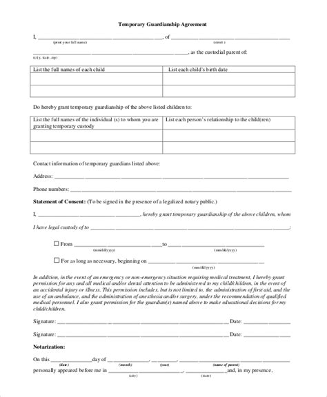 Temporary Guardianship Agreement Form Template Business
