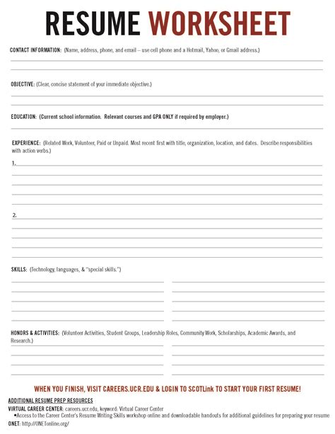 Resume Worksheet For Adults