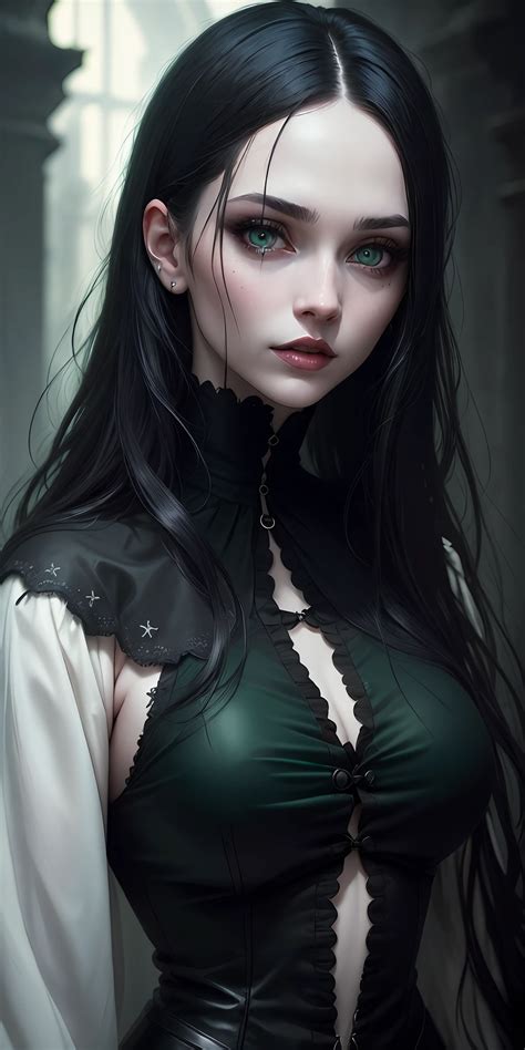 Portrait Of A Cute Girl Raven Hair Perfect Vibrant Green Eyes Gothic Makeup Pale White Skin