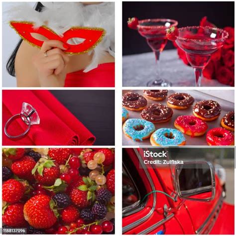 빨간 색상의 여섯 사진으로 만든 콜라주 카니발 마스크를 들고 여자 안경에 빨간 칵테일 도넛 반지 딸기 빨간 복고풍 자동차 가면