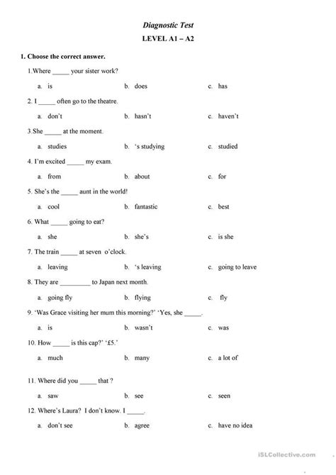 Diagnostic Test A1 A2 English Esl Worksheets For Distance Learning