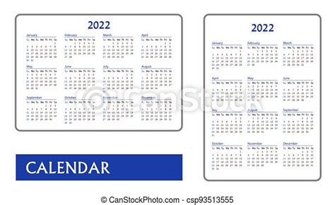 Horizontal And Vertical Blue Pocket Calendar On 2022 Year Vector