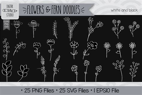 200 Meadow Ferns And Flowers Clip Art Hand Drawn Wild Flowers Outline