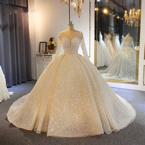 Shining Sparkly Ball Gown Wedding Dress Puffy Tulle Crystal Sequined