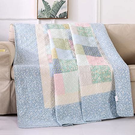 Qucover Single Bedspread Quilted Soft Cotton Blue Floral Patchwork