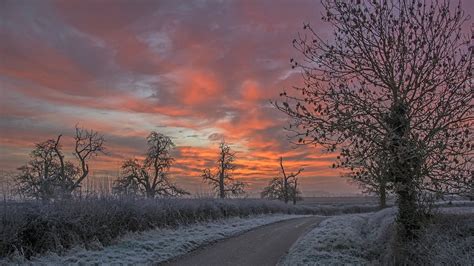 Winter Road At Sunset Hd Wallpaper Background Image