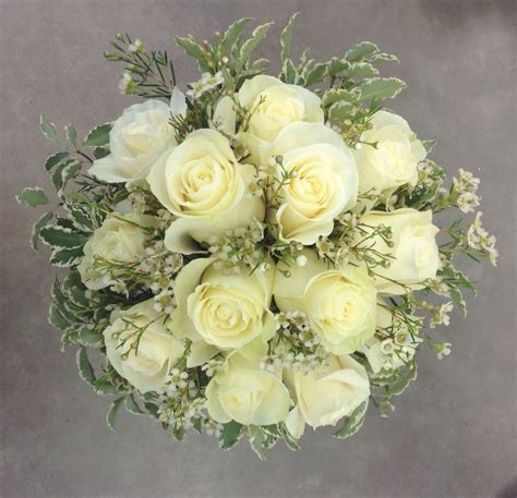 White Rose Bridal Bouquet With Wax Flower And Pittosporum By Nancy At
