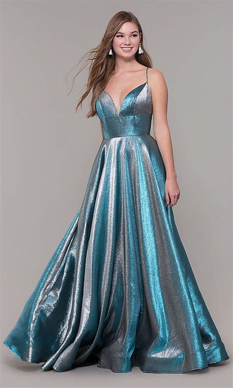 Long Iridescent V Neck Prom Dress By Ashleylauren In 2020 Metallic Prom Dresses V Neck Prom