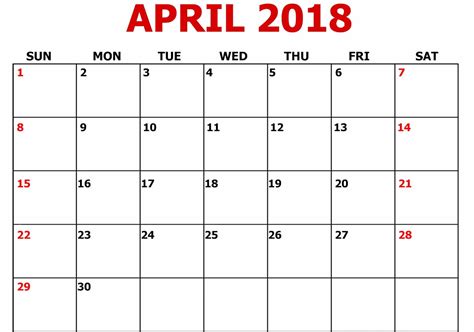 April Calendar 2018 Template Oppidan Library
