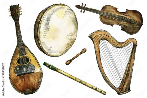 Watercolor And Ink Irish Folk Music Instruments Stock Illustration