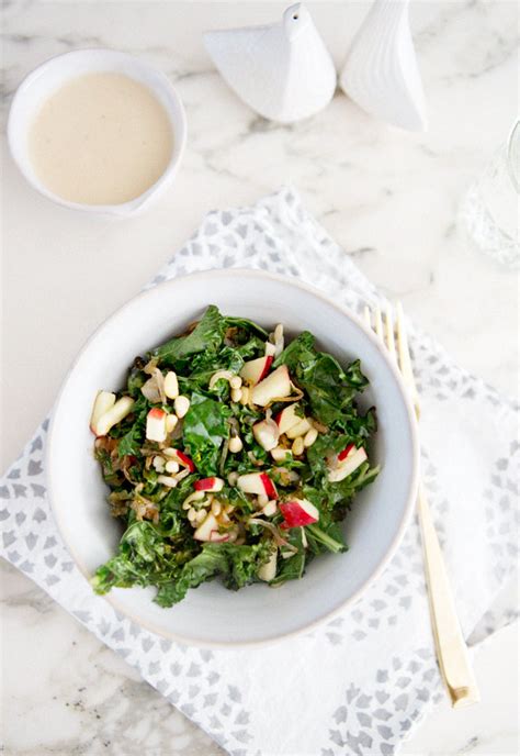 warm kale salad with caramelized shallots pine nuts and apple a house in the hills