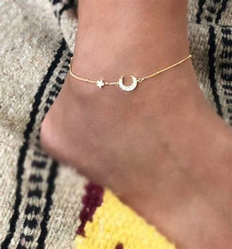 Dainty Crescent Moon Anklet Moon And Star Anklet 18k Gold Etsy Star