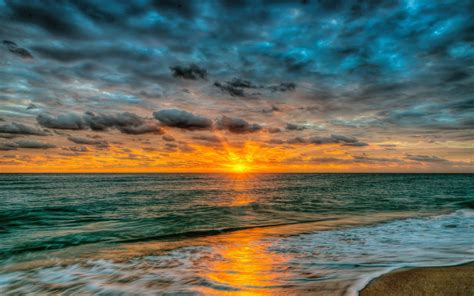 Sunset Sea Ocean Sandy Beach Waves Red Sky Clouds Summer Landscape Wallpaper For Desktop