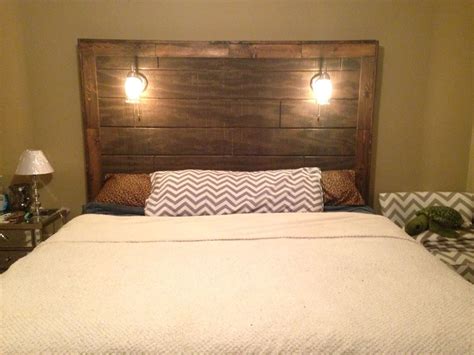 Diy Rustic Wood Headboard With Mason Jar Lights And Electric Outlets On