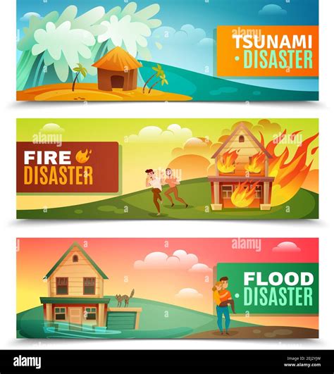 Natural Disasters Set Of Horizontal Banners With Tsunami Burning House