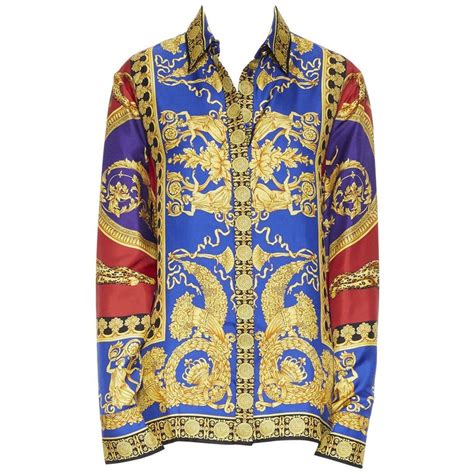 New Versace 100 Silk Red Blue Gold Leopard Baroque Print Medusa Shirt